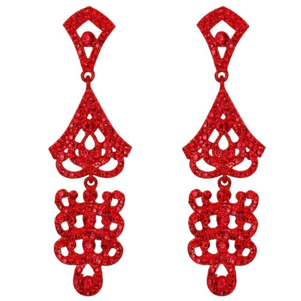 Red with Ruby Red Crystal Chandelier Art Deco Statement Dangling Post Earrings